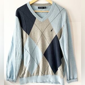 Nautica Light Blue Argyle V-Neck Sweater Men's Large Golf Sweater 100% Cotton